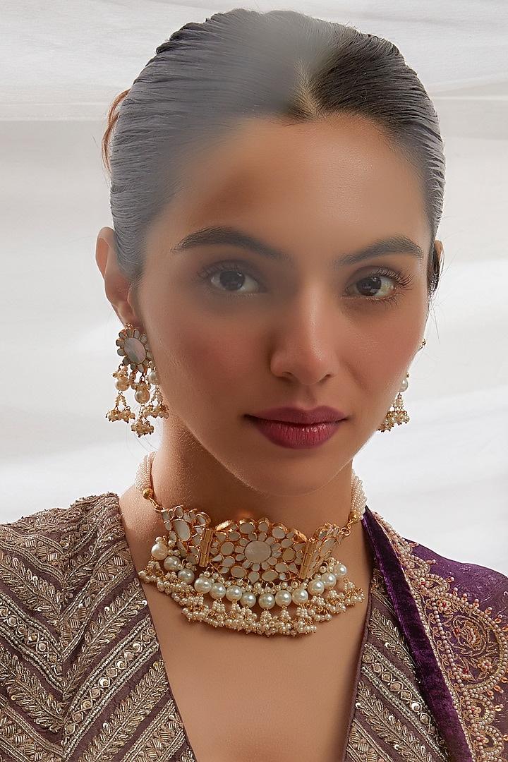 Gold Finish White Kundan Polki Choker Necklace Set by Adityam Jewels at Pernia's Pop Up Shop