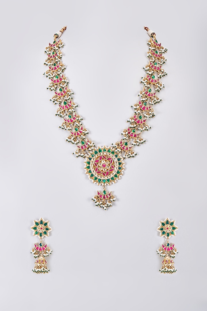 Gold Finish Multi-Colored Kundan Polki Long Pendant Necklace Set by Adityam Jewels at Pernia's Pop Up Shop