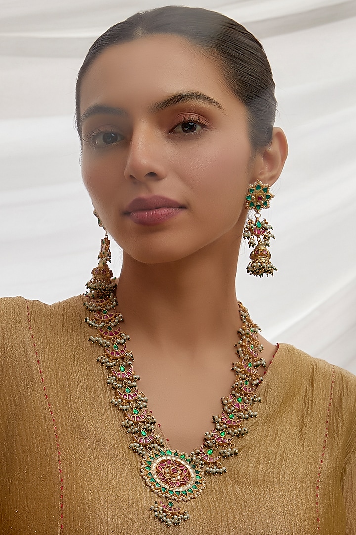 Gold Finish Multi-Colored Kundan Polki Long Pendant Necklace Set by Adityam Jewels at Pernia's Pop Up Shop