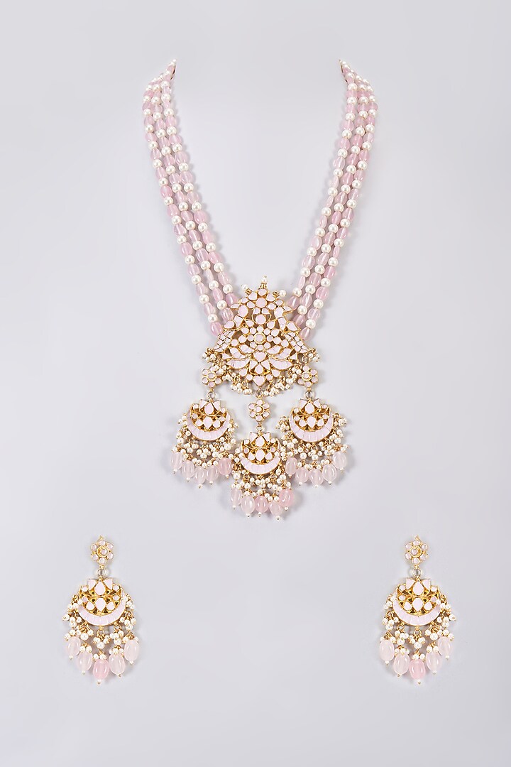 Gold Finish Pink Kundan Polki Long Pendant Necklace Set by Adityam Jewels at Pernia's Pop Up Shop