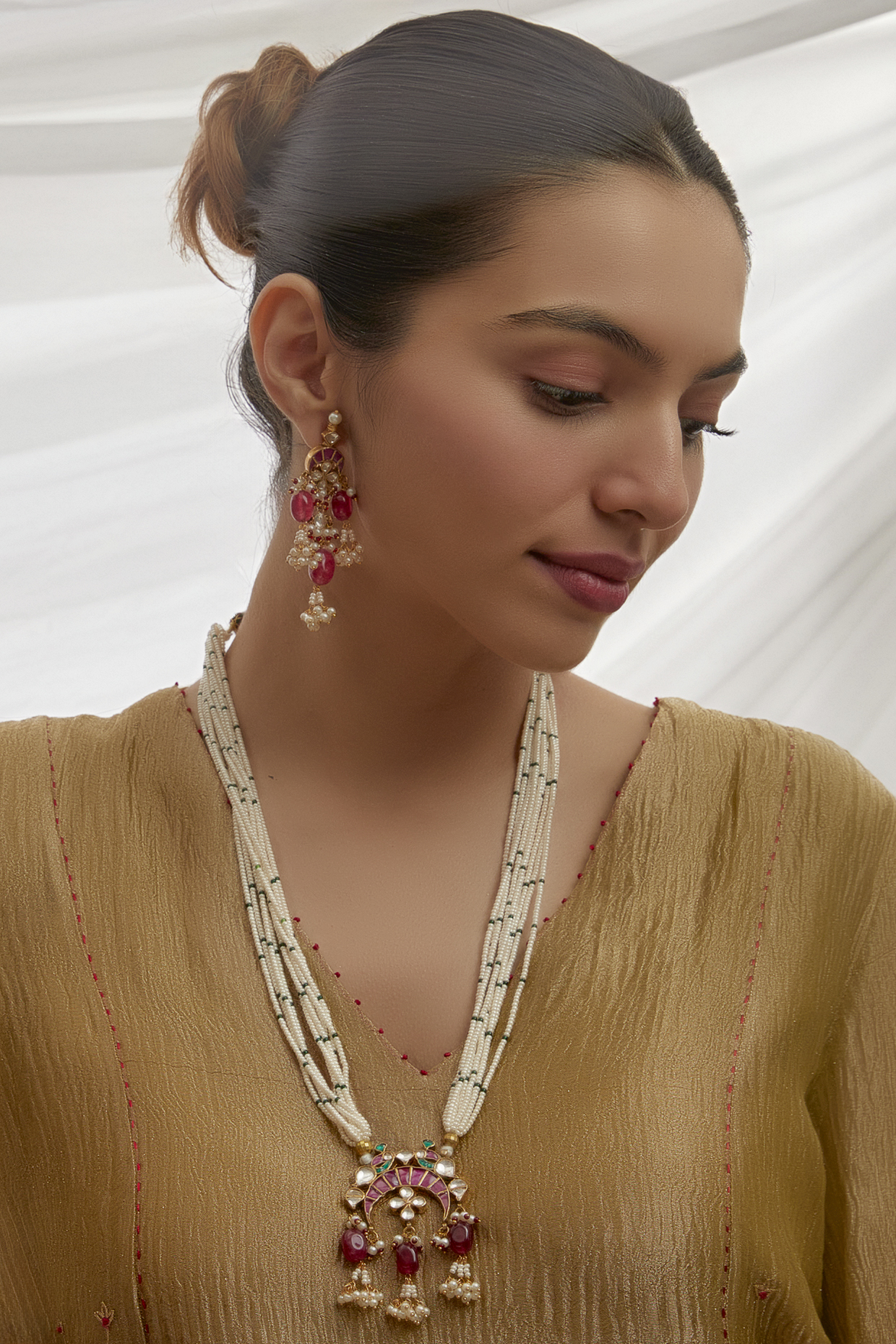 Gold Finish Red Kundan Polki Long Pendant Necklace Set by Adityam Jewels at Pernia's Pop Up Shop