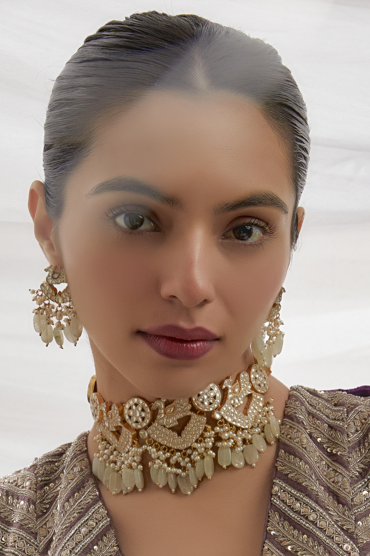 Gold Finish White Kundan Polki Choker Necklace Set by Adityam Jewels at Pernia's Pop Up Shop