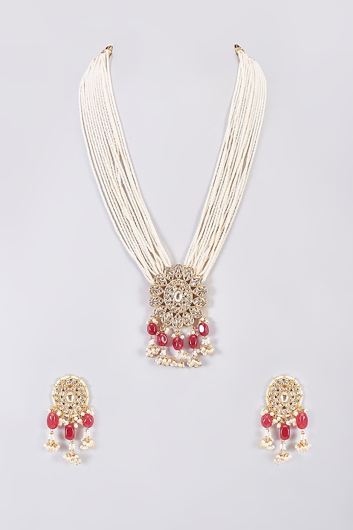 Gold Finish Kundan Polki Long Pendant Necklace Set by Adityam Jewels at Pernia's Pop Up Shop