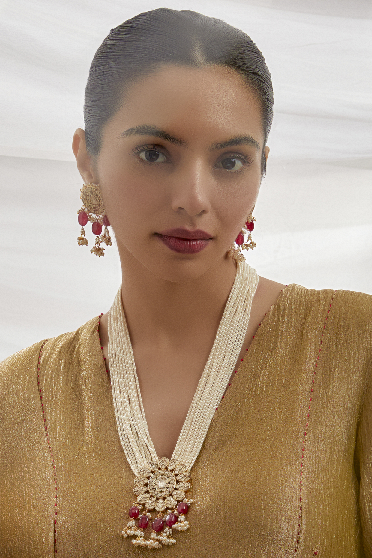 Gold Finish Kundan Polki Long Pendant Necklace Set by Adityam Jewels at Pernia's Pop Up Shop