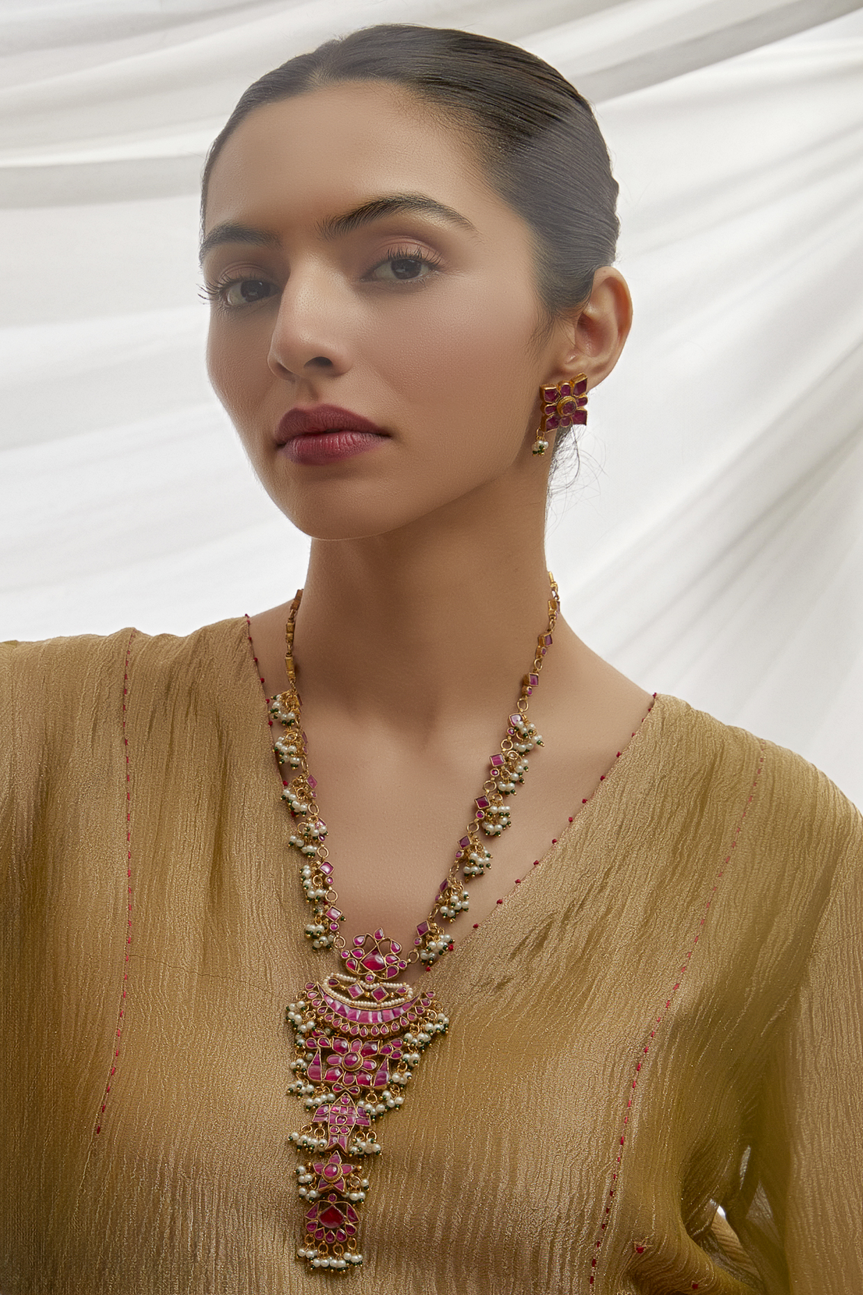 Gold Finish Pink Kundan Polki Long Pendant Necklace Set by Adityam Jewels at Pernia's Pop Up Shop