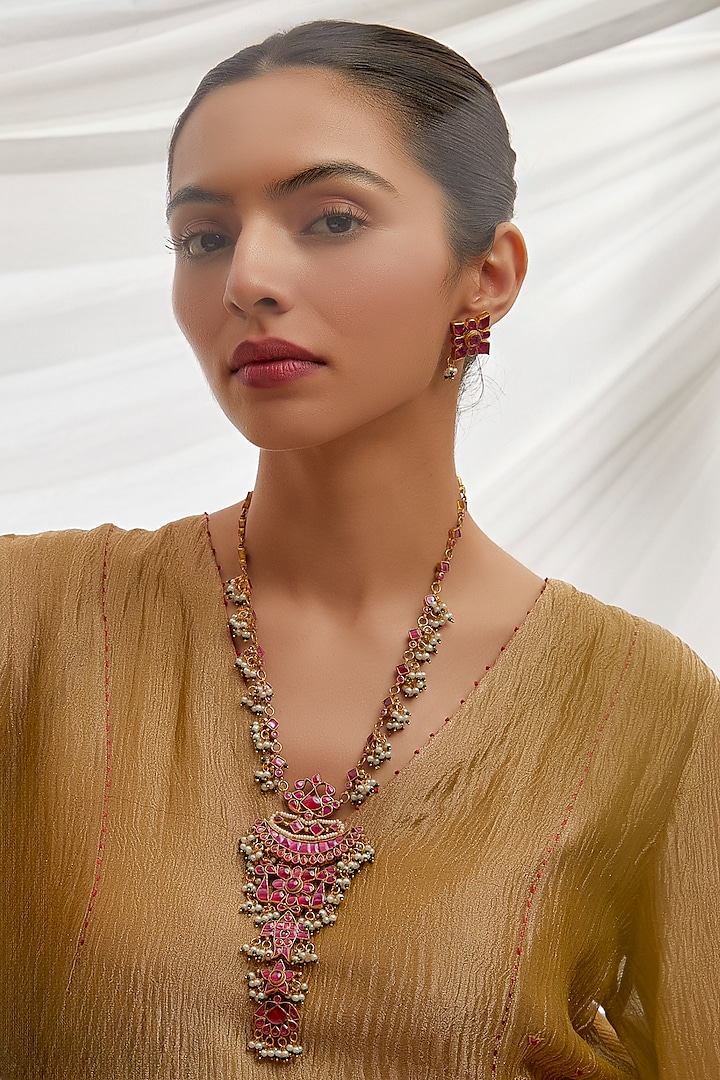 Gold Finish Pink Kundan Polki Long Pendant Necklace Set by Adityam Jewels at Pernia's Pop Up Shop