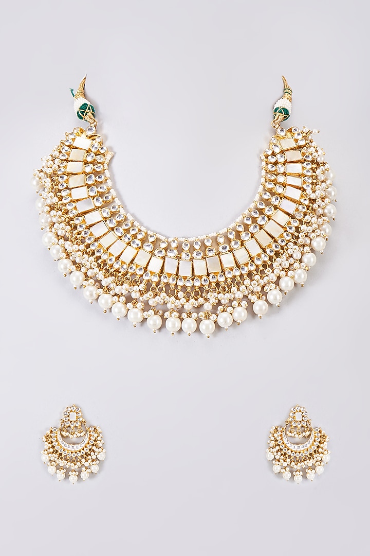 Gold Finish White Kundan Polki Necklace Set by Adityam Jewels at Pernia's Pop Up Shop