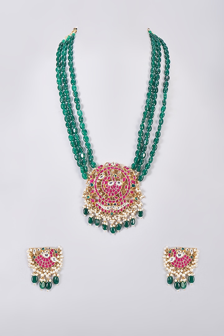 Gold Finish Multi-Colored Stone & Kundan Polki Long Pendant Necklace Set by Adityam Jewels at Pernia's Pop Up Shop
