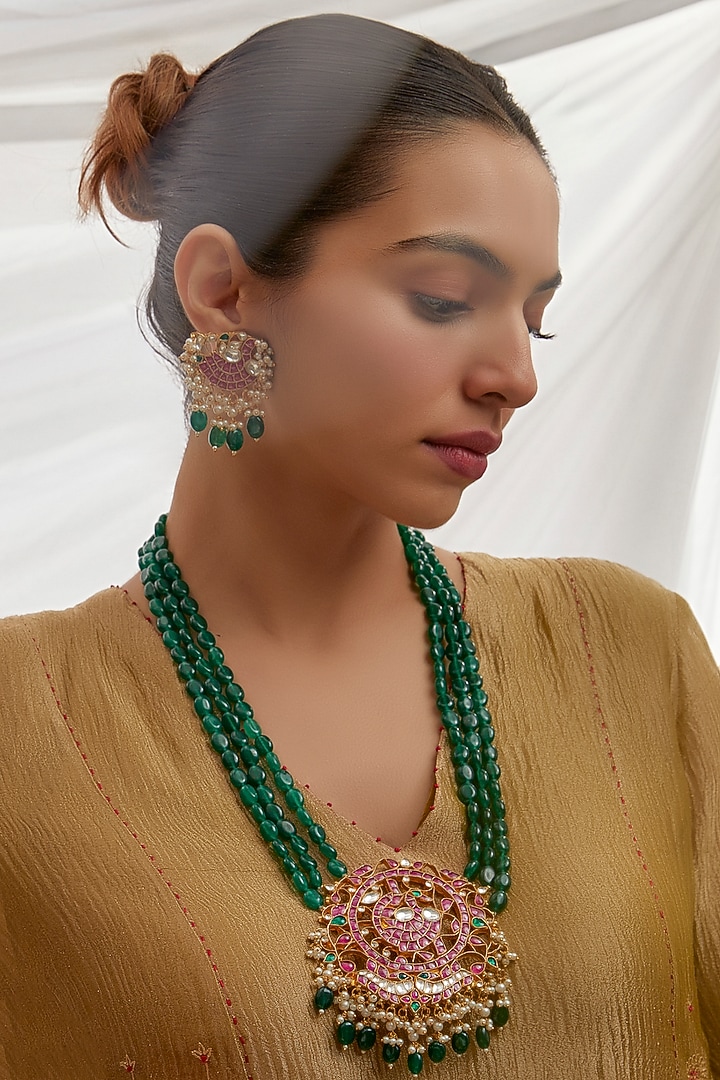 Gold Finish Multi-Colored Stone & Kundan Polki Long Pendant Necklace Set by Adityam Jewels at Pernia's Pop Up Shop