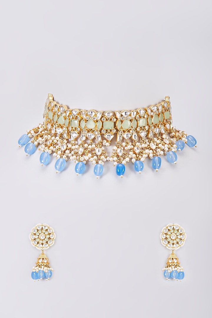 Gold Finish Blue Kundan Polki Choker Necklace Set by Adityam Jewels at Pernia's Pop Up Shop