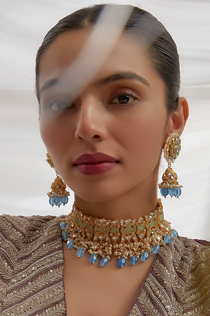 Gold Finish Blue Kundan Polki Choker Necklace Set by Adityam Jewels at Pernia's Pop Up Shop