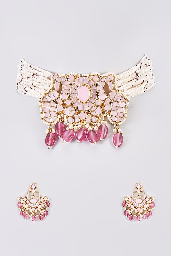 Gold Finish Pink Kundan Polki Choker Necklace Set by Adityam Jewels at Pernia's Pop Up Shop