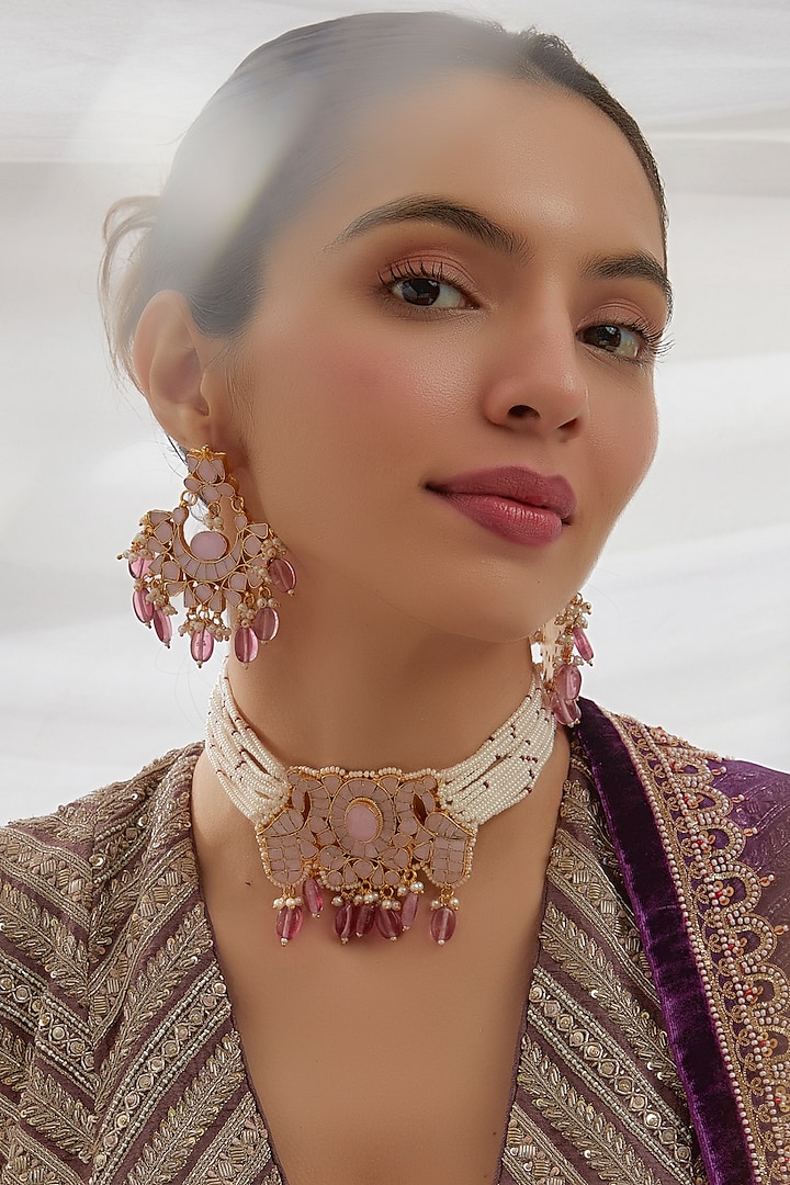 Gold Finish Pink Kundan Polki Choker Necklace Set by Adityam Jewels at Pernia's Pop Up Shop