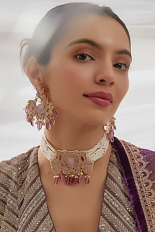 Gold Finish Pink Kundan Polki Choker Necklace Set by Adityam Jewels