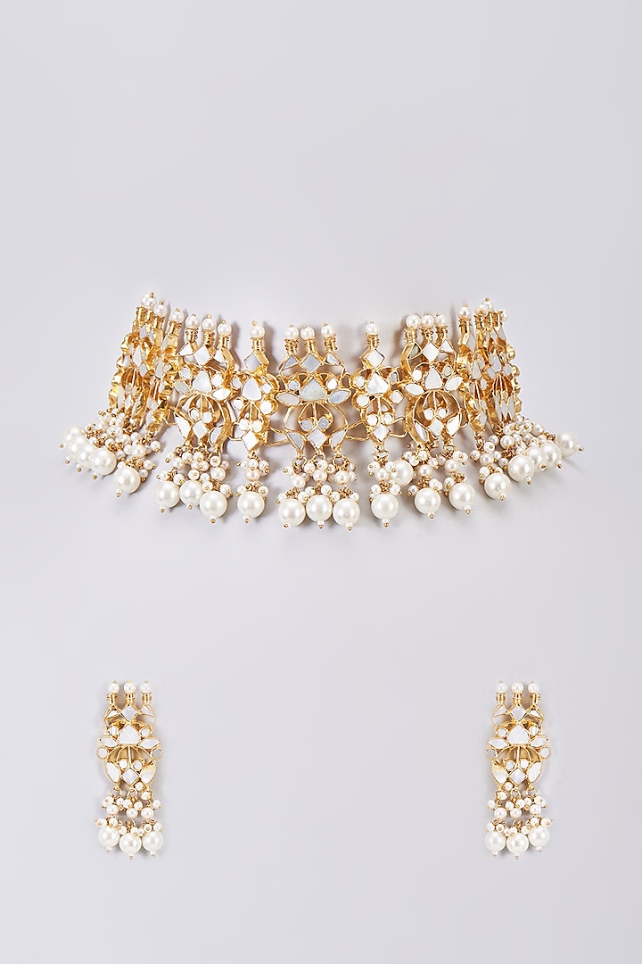 Gold Finish White Kundan Polki Choker Necklace Set By Adityam Jewels At