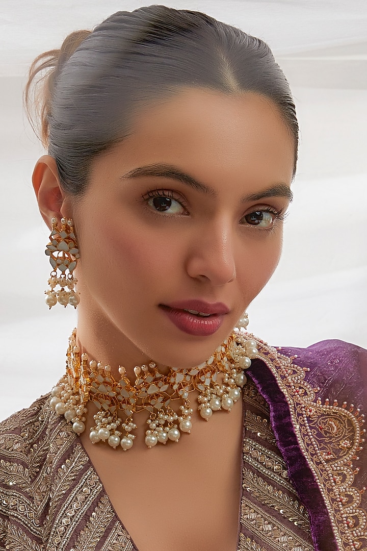 Gold Finish White Kundan Polki Choker Necklace Set by Adityam Jewels at Pernia's Pop Up Shop