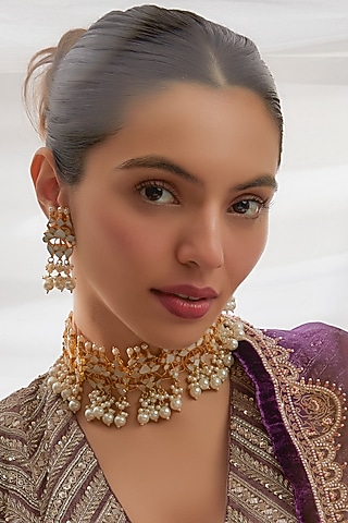 Gold Finish White Kundan Polki Choker Necklace Set by Adityam Jewels