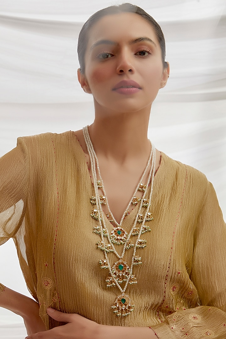 Gold Finish Kundan Polki Layered Necklace by Adityam Jewels
