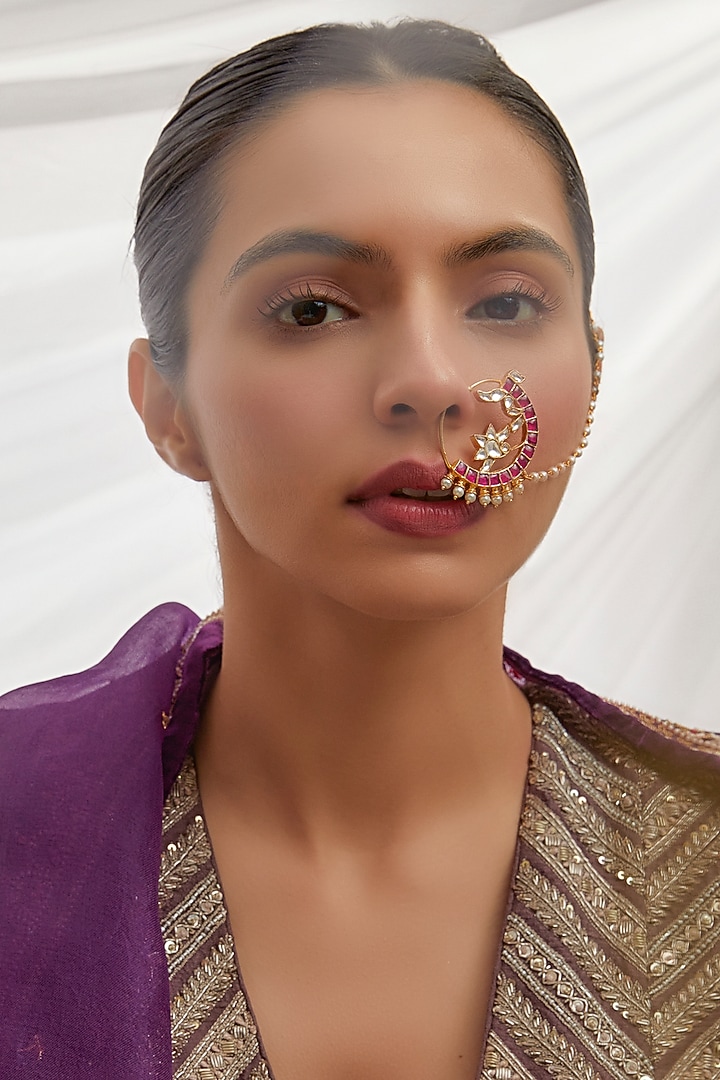 Gold Finish Red Kundan Polki Nath by Adityam Jewels at Pernia's Pop Up Shop