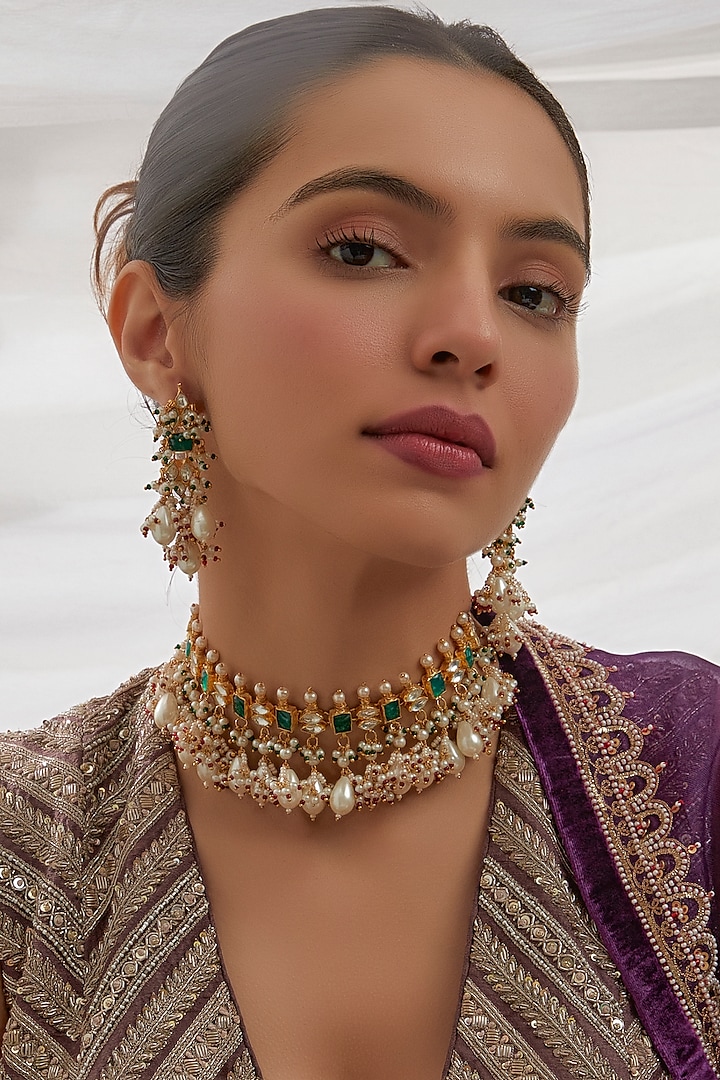 Gold Finish Green Kundan Polki Choker Necklace Set by Adityam Jewels at Pernia's Pop Up Shop