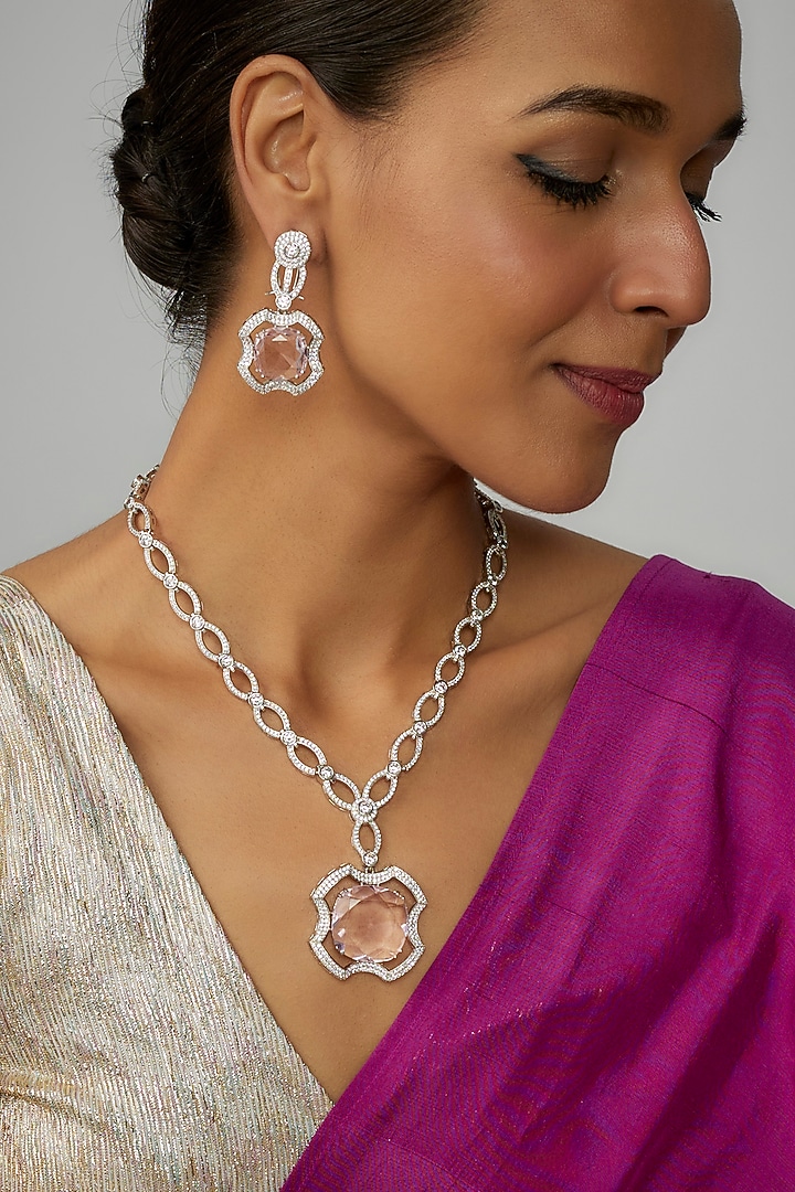 White Finish Pink Stone & Zircon Long Necklace Set by Adityam Jewels at Pernia's Pop Up Shop