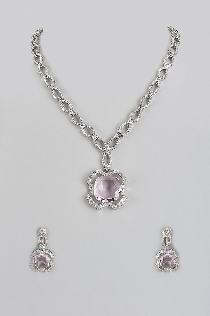 White Finish Pink Stone & Zircon Long Necklace Set by Adityam Jewels at Pernia's Pop Up Shop