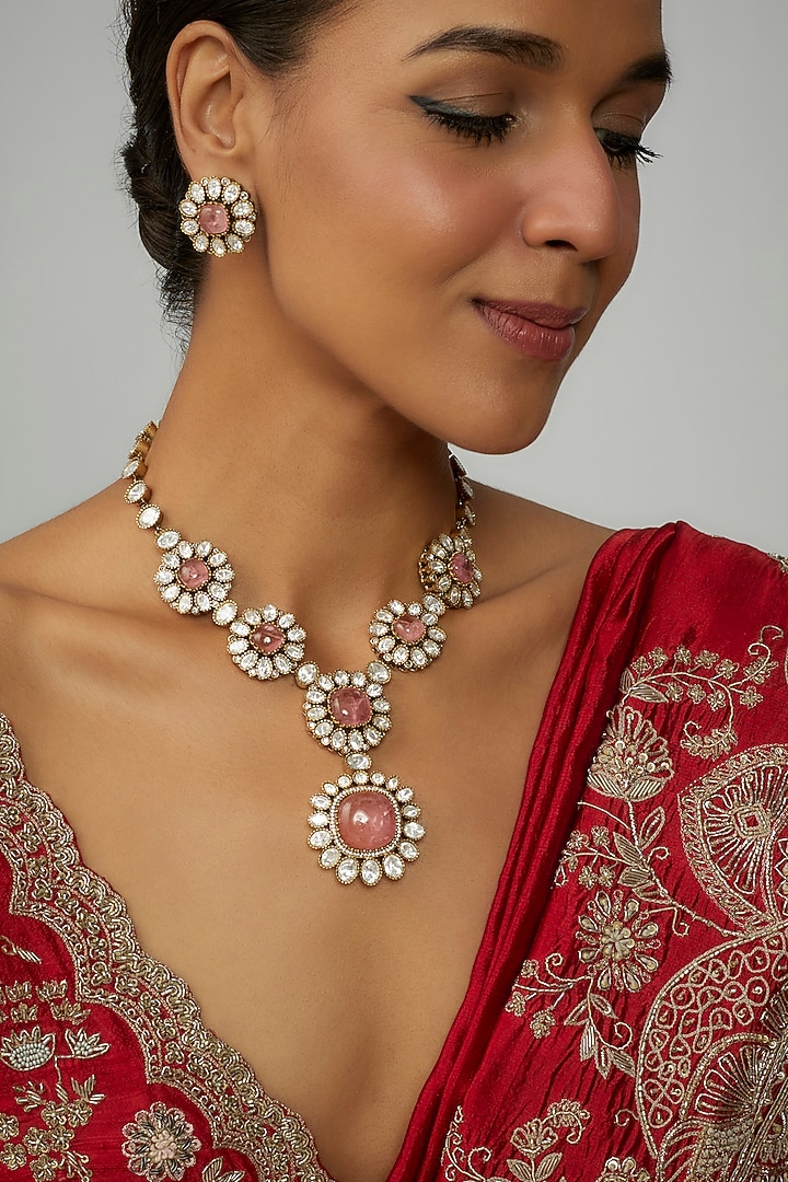 Two Tone Finish Pink Stone & Kundan Polki Long Necklace Set by Adityam Jewels at Pernia's Pop Up Shop