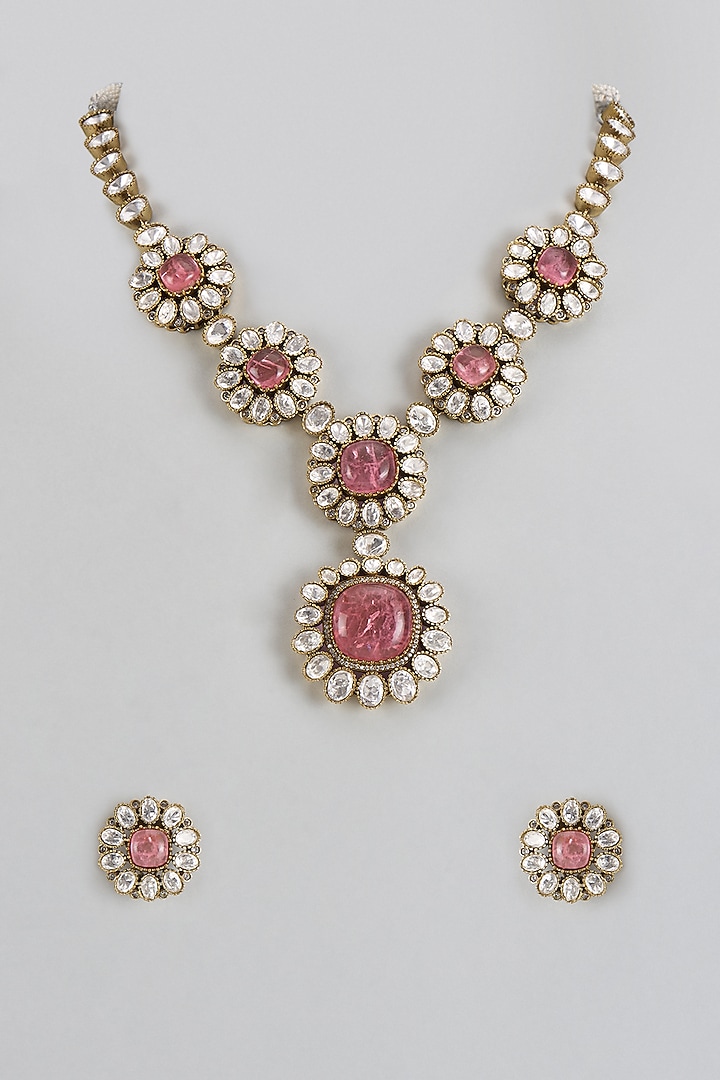 Two Tone Finish Pink Stone & Kundan Polki Long Necklace Set by Adityam Jewels at Pernia's Pop Up Shop