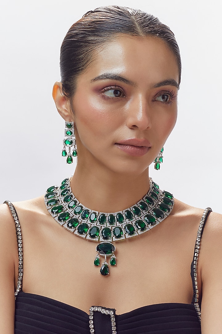 White Finish Emerald Green Stone & Zircon Long Necklace Set by Adityam Jewels at Pernia's Pop Up Shop