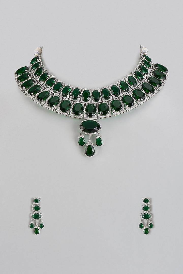 White Finish Emerald Green Stone & Zircon Long Necklace Set by Adityam Jewels at Pernia's Pop Up Shop