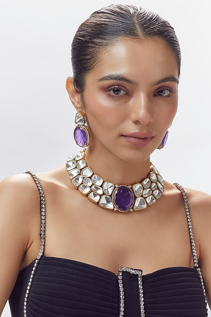 Gold Finish Purple Stone & Kundan Polki Necklace Set by Adityam Jewels at Pernia's Pop Up Shop