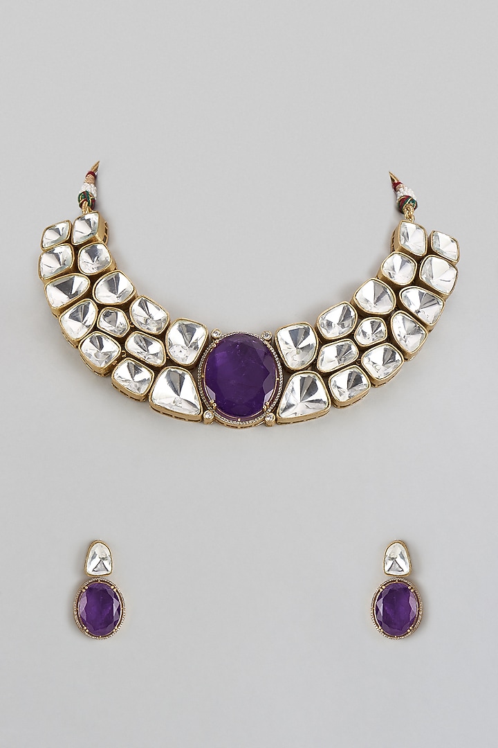 Gold Finish Purple Stone & Kundan Polki Necklace Set by Adityam Jewels at Pernia's Pop Up Shop