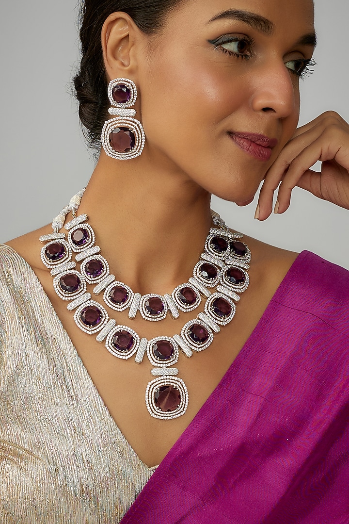 White Finish Purple Stone & Zircon Necklace Set by Adityam Jewels at Pernia's Pop Up Shop