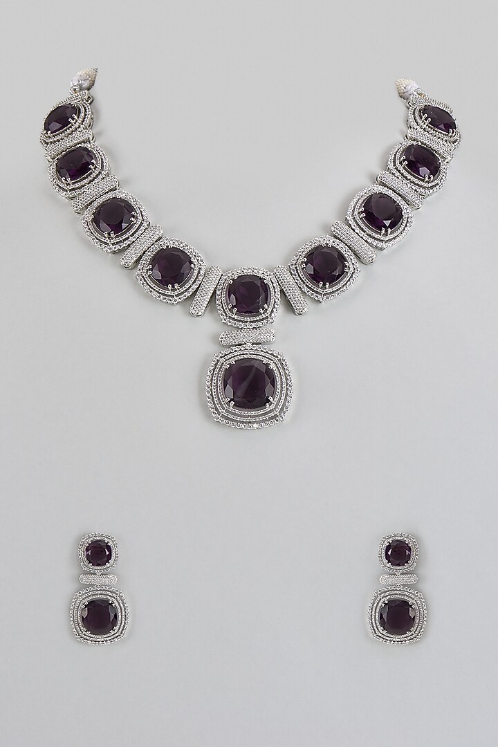 White Finish Purple Stone & Zircon Necklace Set by Adityam Jewels at Pernia's Pop Up Shop