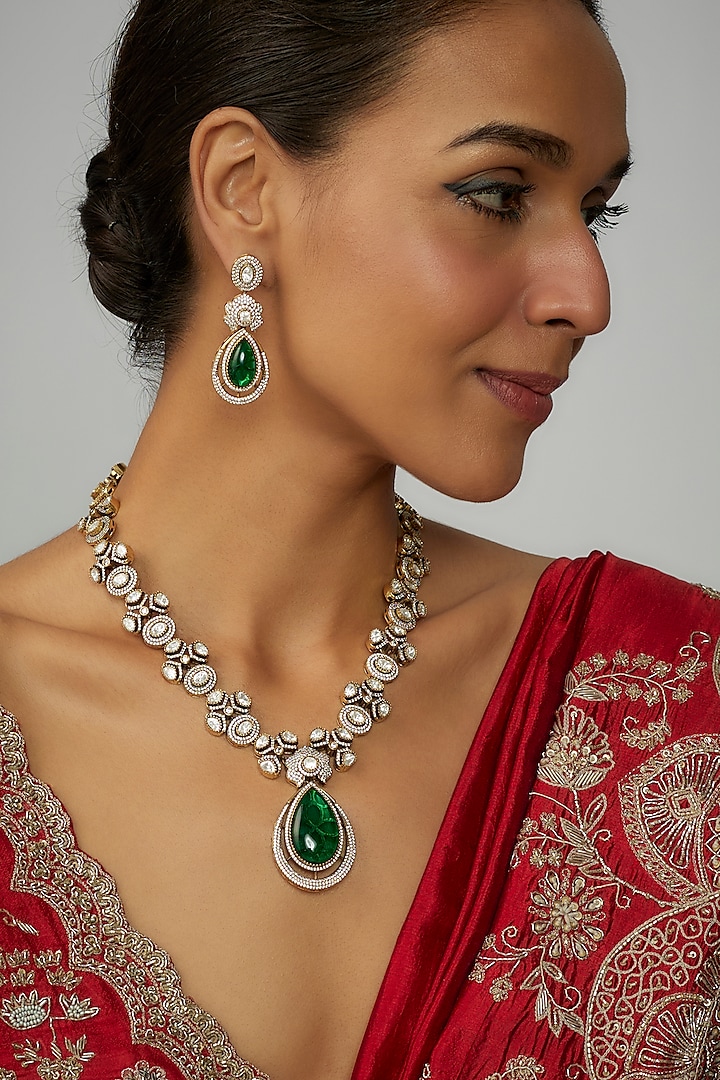 Gold Finish Green Stone & Kundan Polki Necklace Set by Adityam Jewels at Pernia's Pop Up Shop