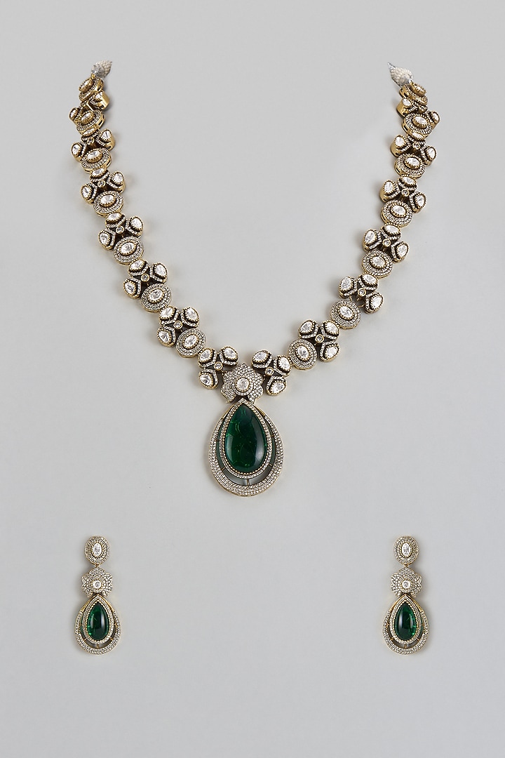 Gold Finish Green Stone & Kundan Polki Necklace Set by Adityam Jewels at Pernia's Pop Up Shop