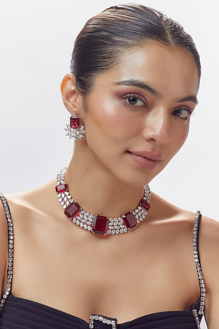 White Finish Red Stone & Zircon Necklace Set by Adityam Jewels at Pernia's Pop Up Shop
