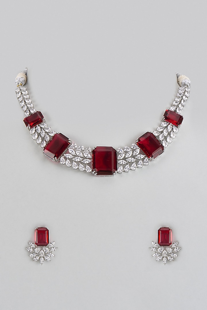 White Finish Red Stone & Zircon Necklace Set by Adityam Jewels at Pernia's Pop Up Shop