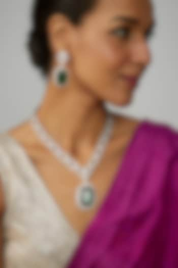 White Finish Green Stone & Zircon Long Necklace Set by Adityam Jewels at Pernia's Pop Up Shop