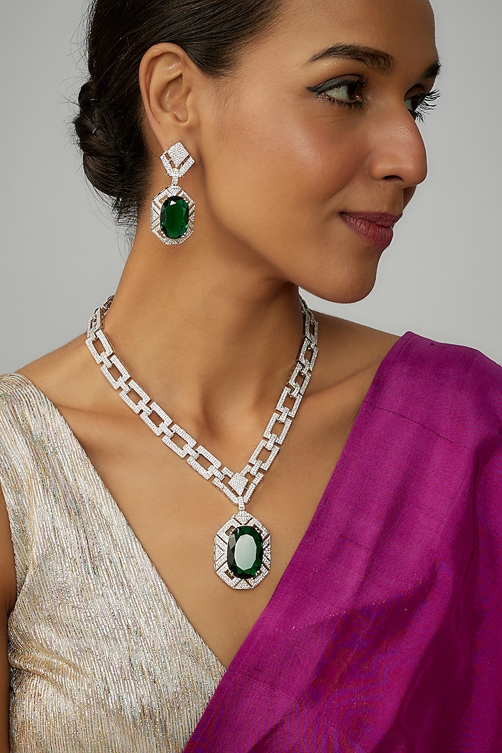 White Finish Green Stone & Zircon Long Necklace Set by Adityam Jewels at Pernia's Pop Up Shop