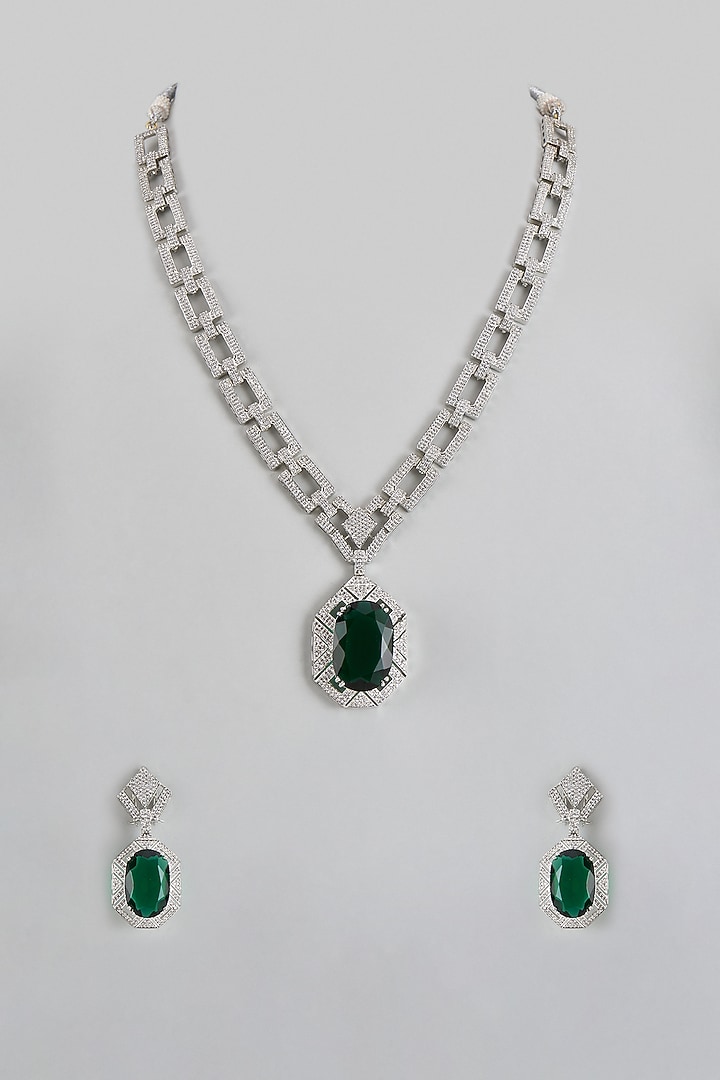 White Finish Green Stone & Zircon Long Necklace Set by Adityam Jewels at Pernia's Pop Up Shop