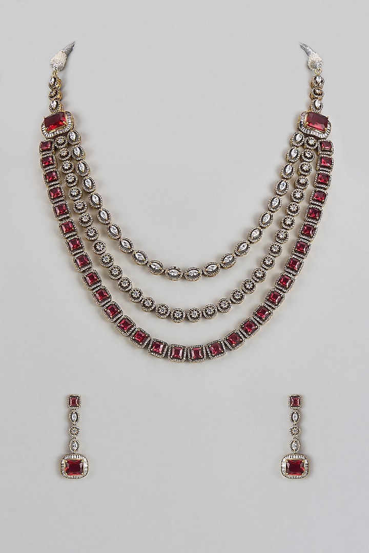 Two Tone Finish Red Stone & Zircon Layered Necklace Set by Adityam Jewels at Pernia's Pop Up Shop