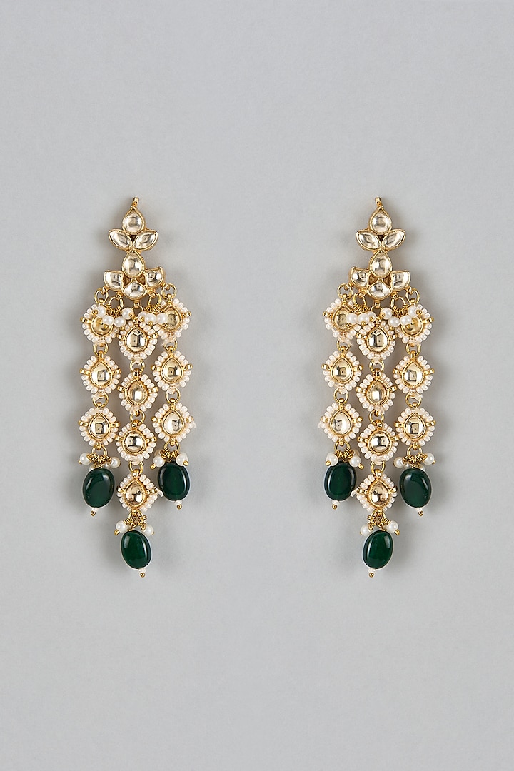 Gold Finish Kundan Polki & Green Drop Dangler Earrings by Adityam Jewels at Pernia's Pop Up Shop