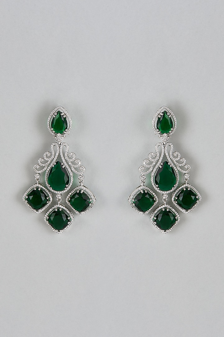 White Finish Green Stone & Zircon Dangler Earrings by Adityam Jewels at Pernia's Pop Up Shop