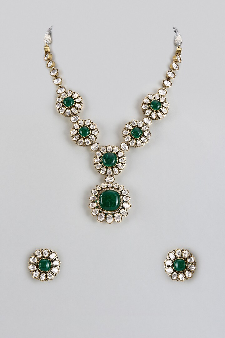 Two Tone Finish Green Stone & Kundan Polki Long Necklace Set by Adityam Jewels at Pernia's Pop Up Shop