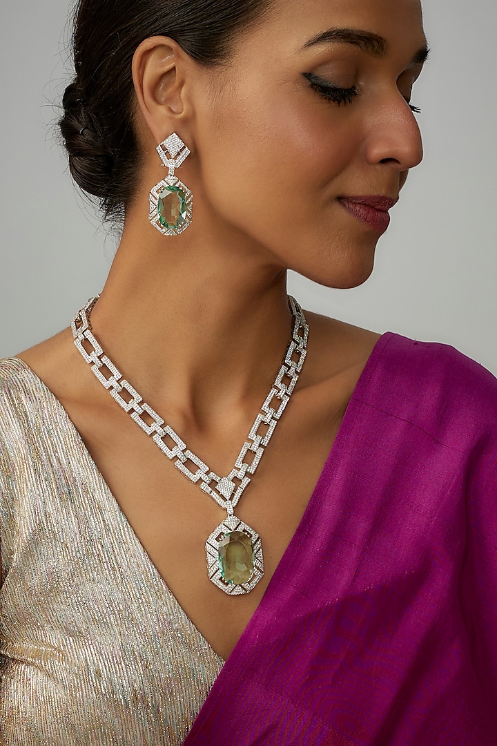 White Finish Green Stone & Zircon Long Necklace Set by Adityam Jewels at Pernia's Pop Up Shop