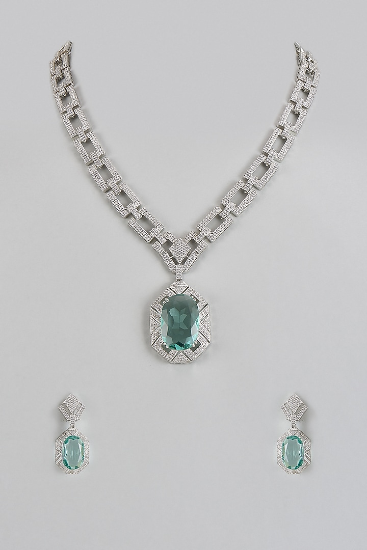 White Finish Green Stone & Zircon Long Necklace Set by Adityam Jewels at Pernia's Pop Up Shop