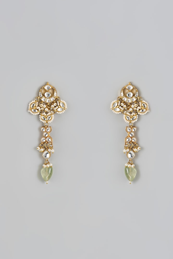 Gold Finish Kundan Polki & Green Drop Dangler Earrings by Adityam Jewels at Pernia's Pop Up Shop