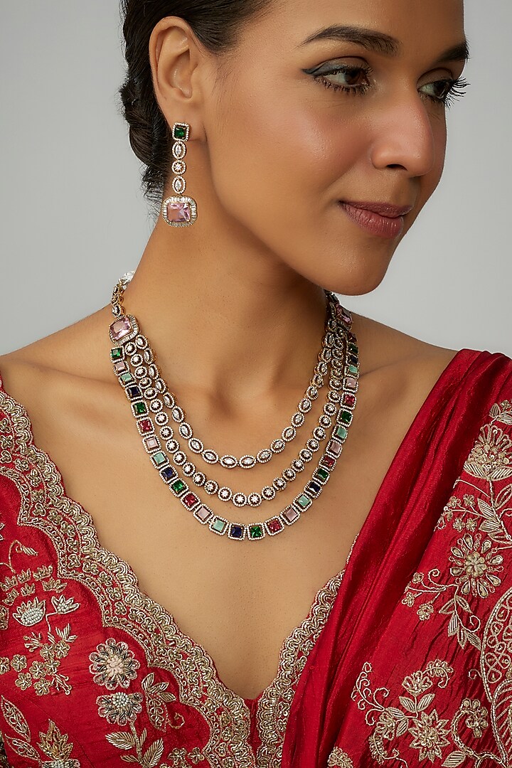 Two Tone Finish Multi-Colored Stone & Zircon Layered Necklace Set by Adityam Jewels at Pernia's Pop Up Shop