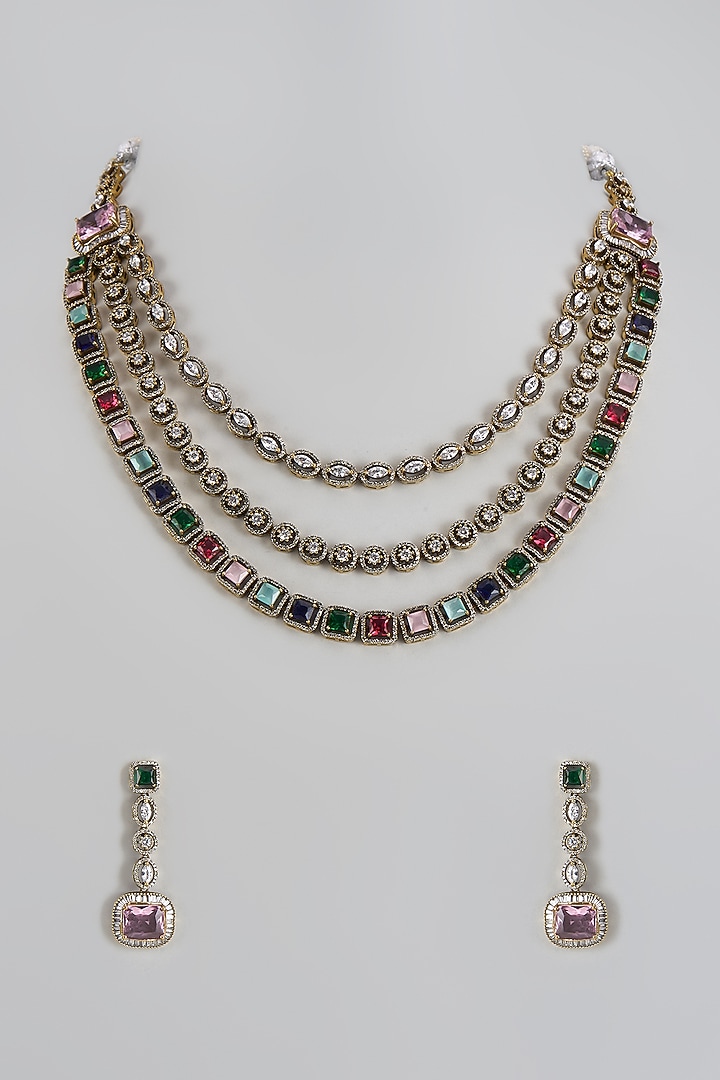 Two Tone Finish Multi-Colored Stone & Zircon Layered Necklace Set by Adityam Jewels at Pernia's Pop Up Shop
